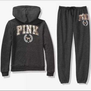 PINK Sequin Bling Sherpa Hoodie and Pant Set Med